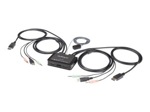 Startech 2 Port DisplayPort KVM Switch, 4K 60Hz, Compact Dual Port UHD DP 1.2 USB Desktop KVM Switch w/ Integrated 4ft Cables & Audio, Bus Powered & Remote Switching, MacBook ThinkPad - 4K KVM Switch w/ Audio (SV211DPUA4K) - KVM / audio switch - 2 ports