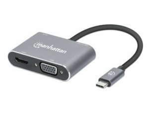 Manhattan USB-C Dock/Hub, Ports (x4):  HDMI, USB-A, USB-C and VGA, With Power Delivery (87W) to USB-C Port (Note add USB-C wall charger and USB-C cable needed), All Ports can be used at the same time, Aluminium, Space Grey, Three Year Warranty, Retail Box