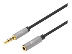 Manhattan Stereo Audio 3.5mm Extension Cable, 3m, Male/Female, Slim Design, Black/Silver, Premium with 24 karat gold plated contacts and pure oxygen-free copper (OFC) wire, Lifetime Warranty, Polybag - audio extension cable - 3 m
