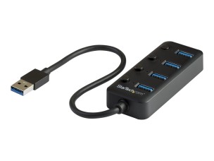 Startech 4 Port USB 3.0 Hub, USB-A to 4x USB 3.0 Type-A with Individual On/Off Port Switches, SuperSpeed 5Gbps USB 3.1/USB 3.2 Gen 1, USB Bus Powered, Portable, 9.8" Attached Cable - Windows/macOS/Linux (HB30A4AIB) - hub - 4 ports