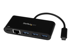 Startech 3 Port USB-C Hub with Gigabit Ethernet & 60W Power Delivery Passthrough Laptop Charging, USB-C to 3x USB-A (USB 3.0 SuperSpeed 5Gbps), USB 3.1/USB 3.2 Gen 1 Type-C Adapter Hub - Windows/macOS/Linux (HB30C3AGEPD) - hub - 3 ports