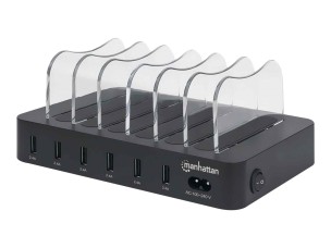 Manhattan Charging Station, 6x USB-A Ports, Outputs: 6x 2.4A, Smart IC, LED Indicator Lights, Black, Three Year Warranty, Box charging station - USB - 50 watt