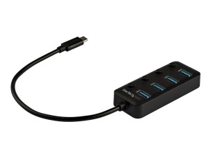 Startech 4 Port USB C Hub, USB-C to 4x USB 3.0 Type-A Ports with Individual On/Off Port Switches, SuperSpeed 5Gbps USB 3.1/3.2 Gen 1, USB Bus Powered, Portable, 10" Attached Cable - Windows/macOS/Linux (HB30C4AIB) - hub - 4 ports