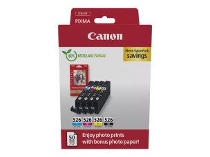 Canon CLI-526 C/M/Y/BK Photo Value Pack - 4-pack - yellow, cyan, magenta, black - original - ink tank / paper kit