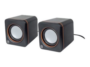 Manhattan 2600 Series Speaker System, Small Size, Big Sound, Two Speakers, Stereo, USB power, Output: 2x 3W, 3.5mm plug for sound, In-Line volume control, Cable 0.9m, Black, Three Year Warranty, Box - speakers - for PC