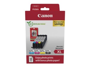 Canon CLI-571 XL C/M/Y/BK Photo Value Pack - 4-pack - High Yield - black, yellow, cyan, magenta - original - ink tank / paper kit