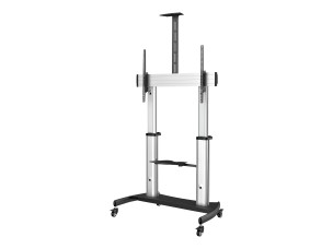 StarTech.com Mobile TV Stand, Heavy Duty TV Cart for 60-100" Display (100kg/220lb), Height Adjustable Rolling Flat Screen Floor Standing on Wheels, Universal Television Mount w/Shelves - W/ 2 equipment shelves cart - for flat panel - black, silver
