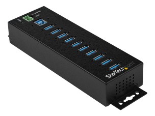 StarTech.com 10 Port USB Hub with Power Adapter, Surge Protection, Metal Industrial USB 3.0 Data Transfer Hub, Din Rail, Wall or Desk Mountable, High Speed USB 3.1/ USB 3.2 Gen 1 5Gbps Hub - Windows/macOS/Linux (HB30A10AME) - hub - 10 ports - TAA Complian