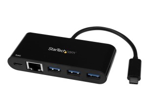 StarTech.com 3 Port USB-C Hub with Gigabit Ethernet & 60W Power Delivery Passthrough Laptop Charging, USB-C to 3x USB-A (USB 3.0 SuperSpeed 5Gbps), USB 3.1/USB 3.2 Gen 1 Type-C Adapter Hub - Windows/macOS/Linux (HB30C3AGEPD) - hub - 3 ports